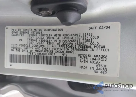 2004 Toyota 4Runner Sr5 V8 z USA, uszkodzony, nr VIN JTEBT14R540036637